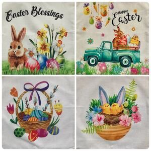 Easter Bunny & Chicks NWT 4 Decorative Pillow Cases Spring Farmhouse Floral Deco